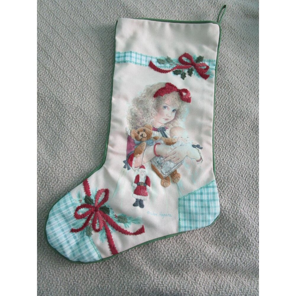 Vintage Embroidered Finished Christmas Stocking Girl Doll Teddy Bear Santa GUC